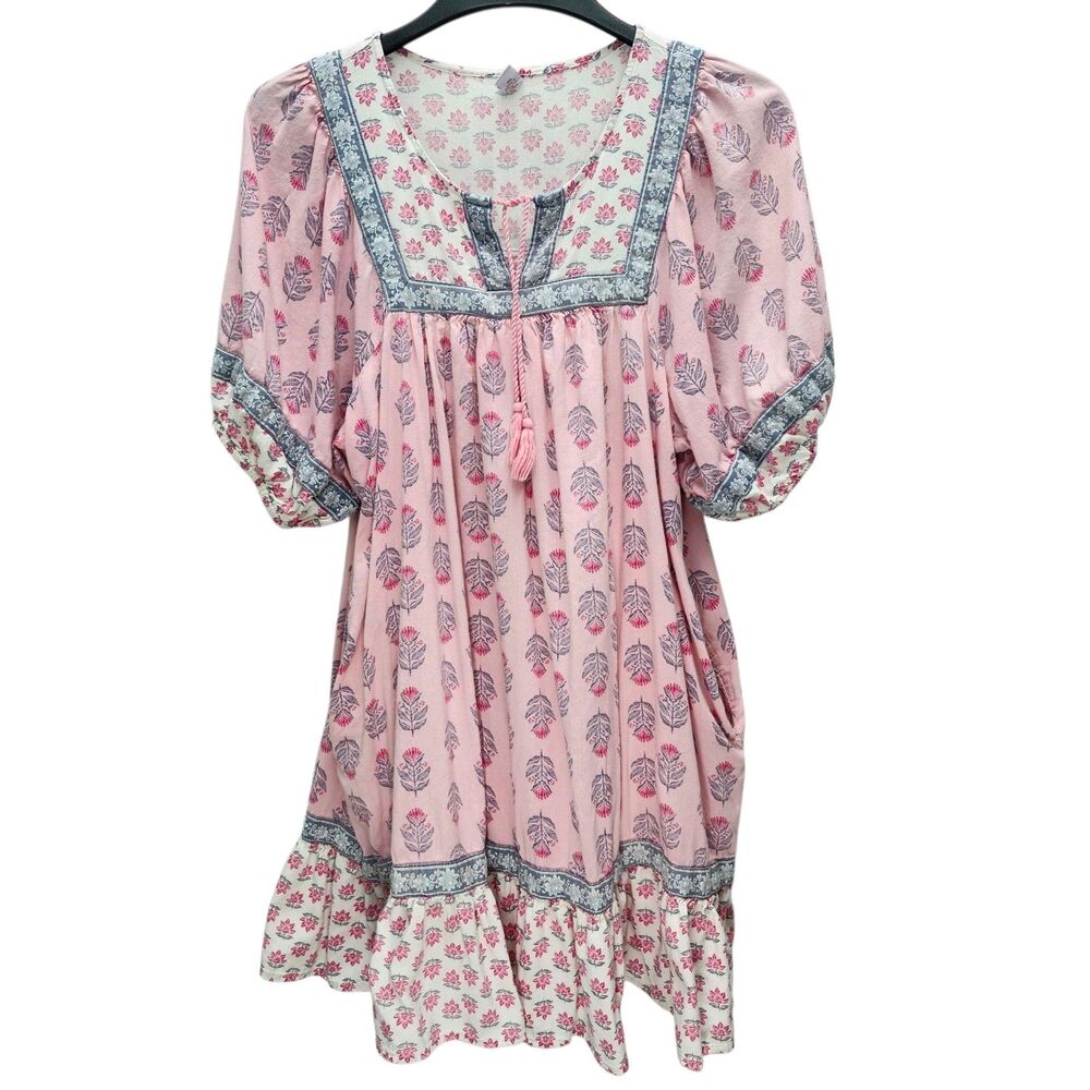 Old Navy Peasant Swing Dress Womens Large Pink Floral Tassels Cottagecore - Picture 2 of 12